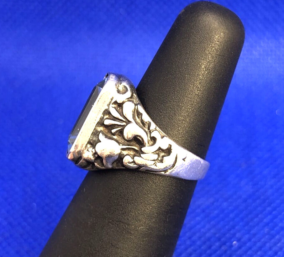 Estate Sterling Silver Emerald Cut Blue Topaz Scroll Floral Vine Cocktail Ring
