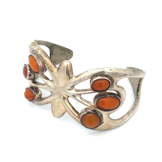 Modernist 925 Sterling Silver Mexican Fire Opal Butterfly Open Cuff Bracelet
