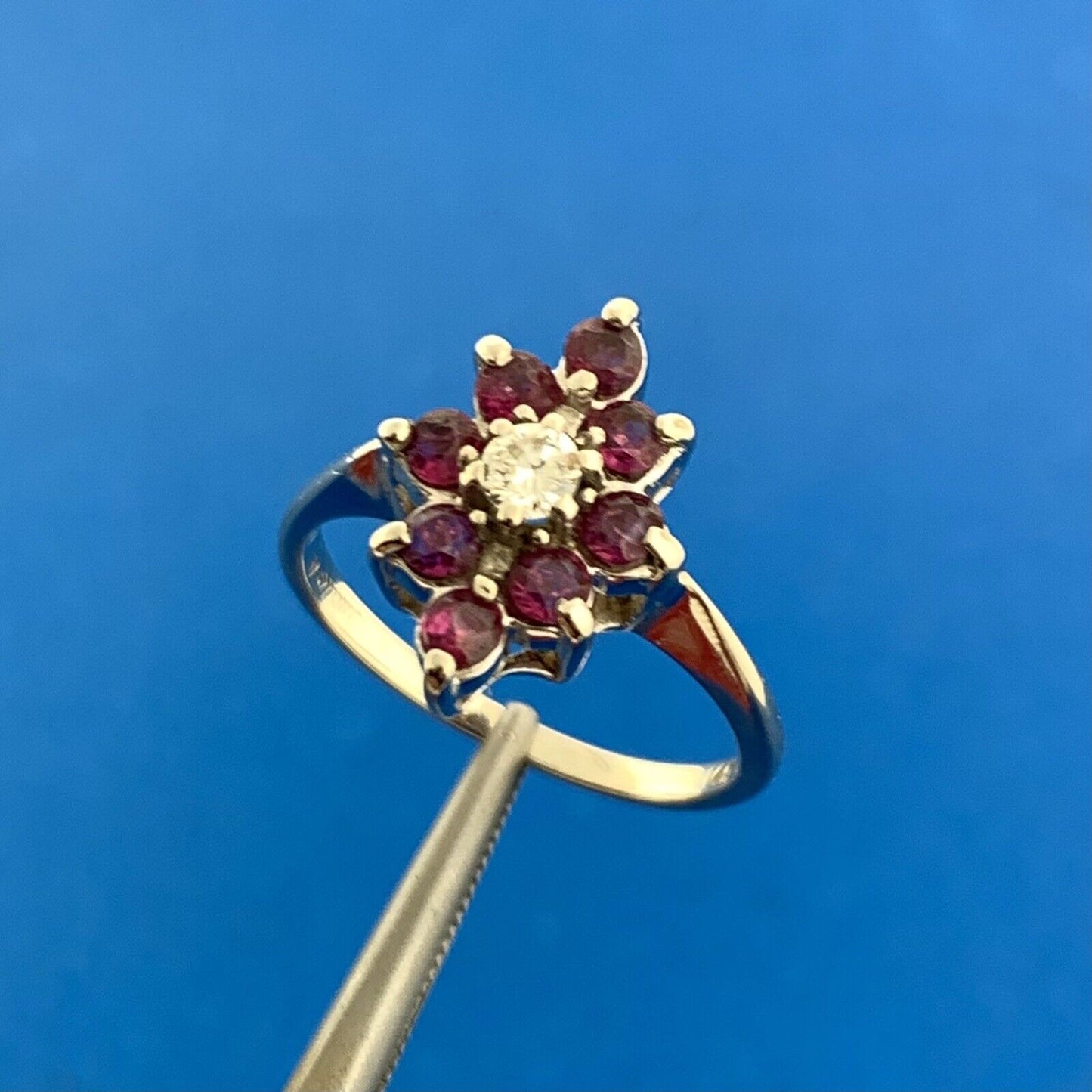 Vintage 14K White Gold Ruby Diamond Round Floral Cluster July Anniversary Ring