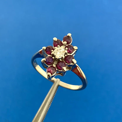 Vintage 14K White Gold Ruby Diamond Round Floral Cluster July Anniversary Ring