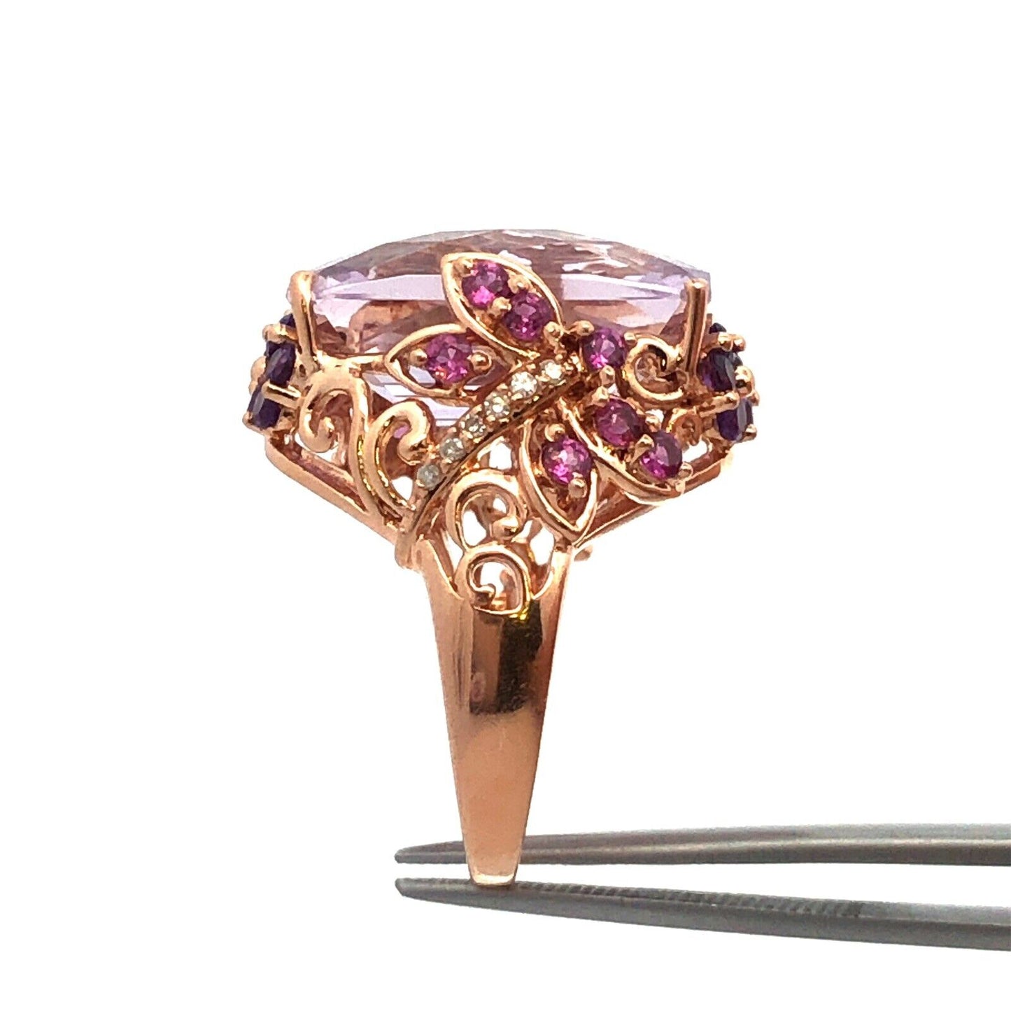 Designer 14K Yellow Gold Amethyst Pink Tourmaline Diamond Statement Floral Ring
