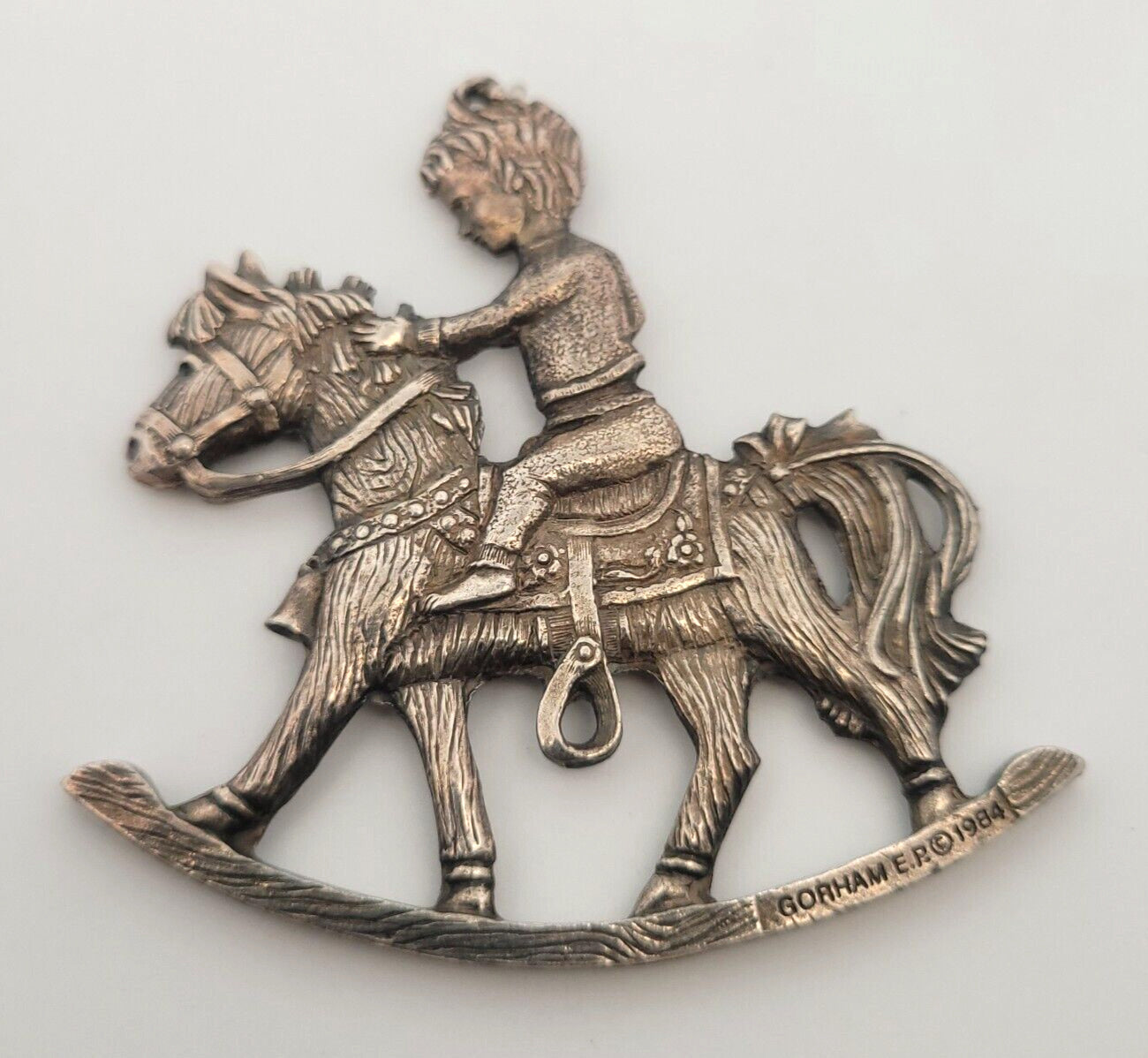 1984 Gorham Silver Plate Boy On Rocking Horse Christmas Pendant Ornament