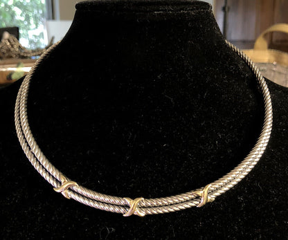 Designer 925 Sterling Silver 14K Gold Twist X Two Tone Collar Necklace