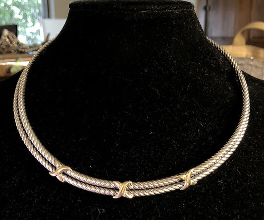 Designer 925 Sterling Silver 14K Gold Twist X Two Tone Collar Necklace