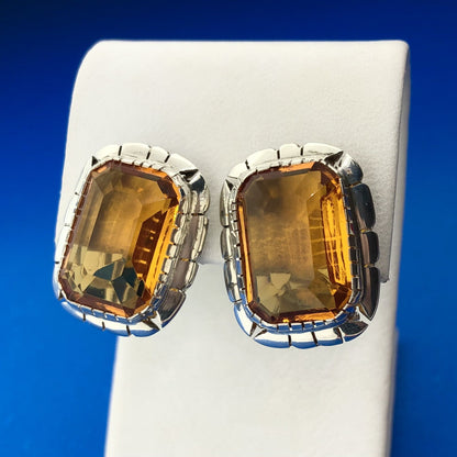 Designer 925 Sterling Silver Rectangle Orange Cubic Zirconia Statement Earrings