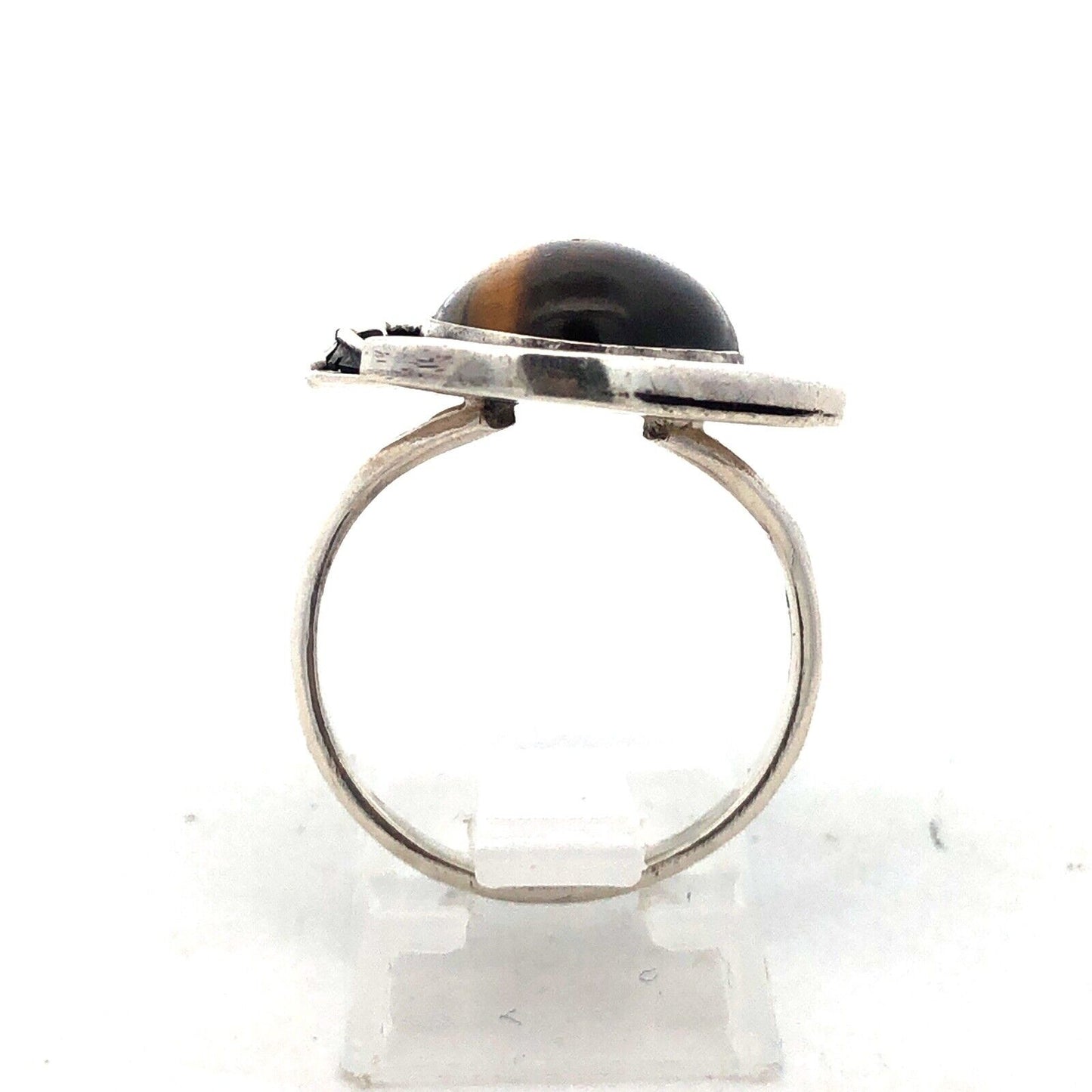 Estate 925 Sterling Silver Cabochon Tigers Eye Feather Design Oval Ring