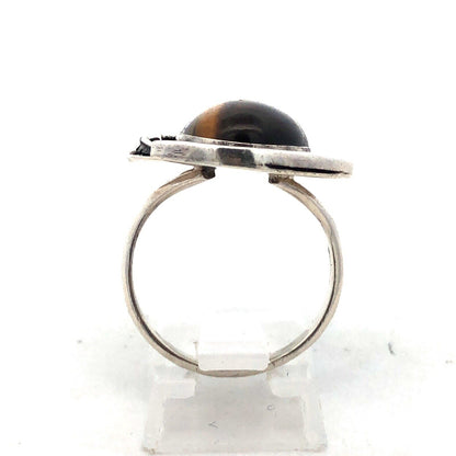 Estate 925 Sterling Silver Cabochon Tigers Eye Feather Design Oval Ring