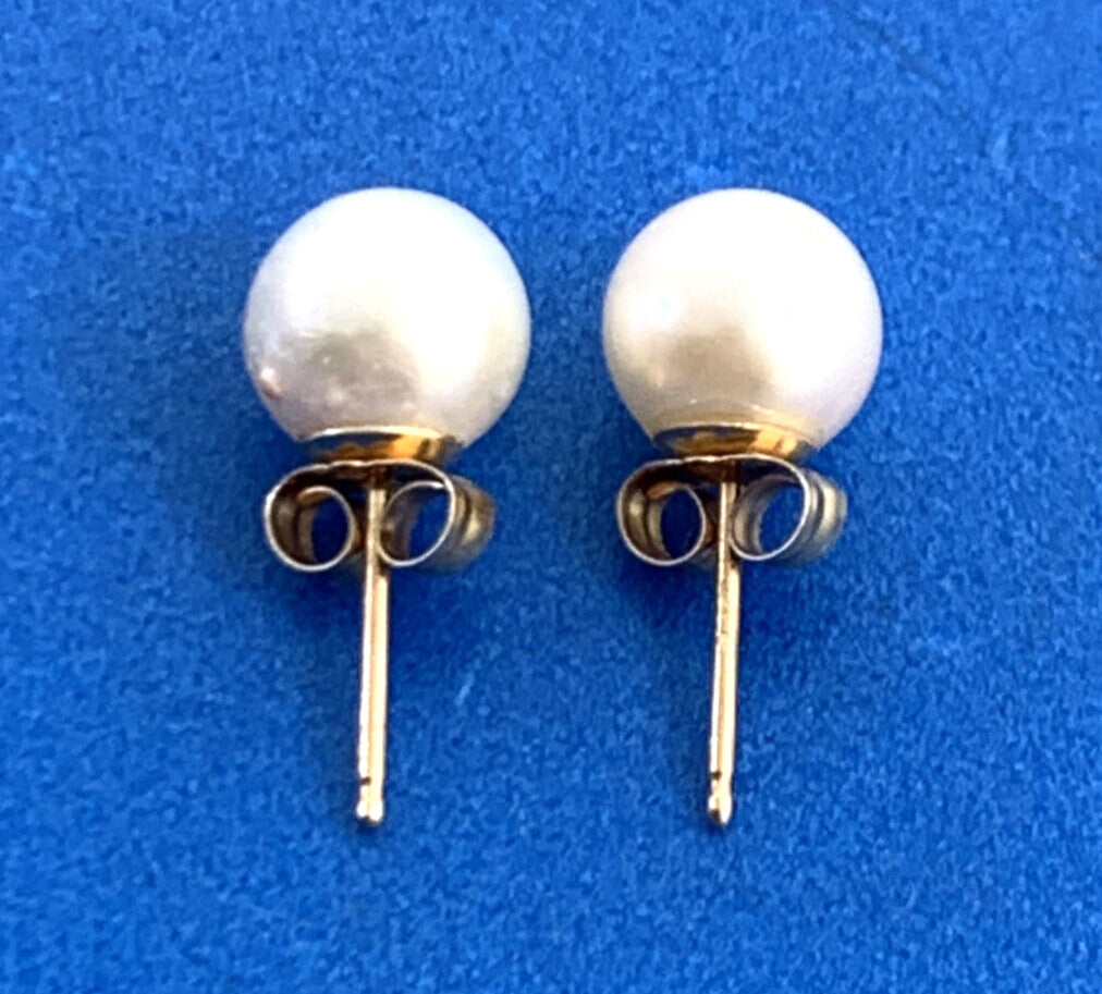Designer Hallmarked 14K Yellow Gold Pearl Solitaire Stud Earrings
