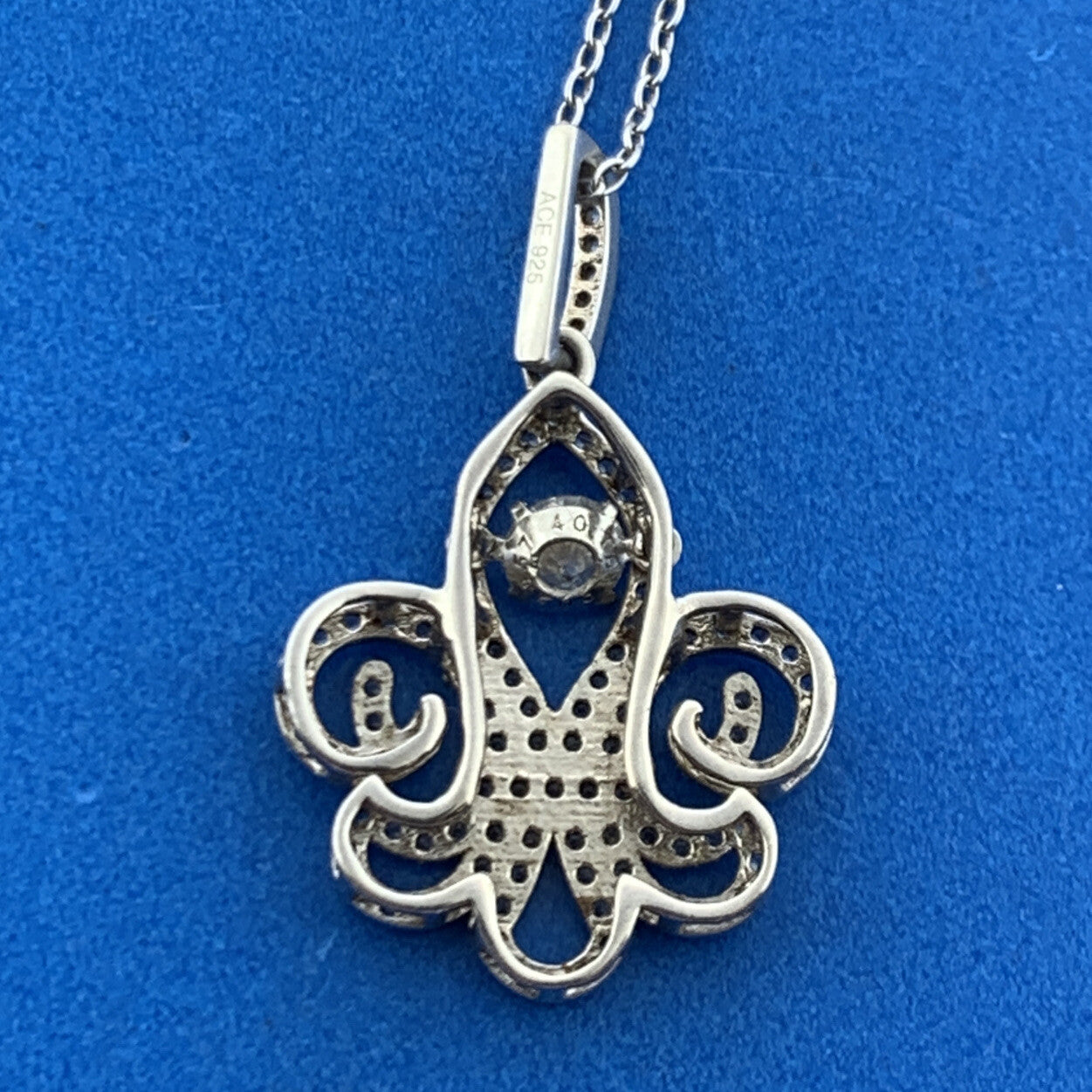 Designer 925 Sterling Silver Floating Cubic Zirconia Fleur De Lis Necklace