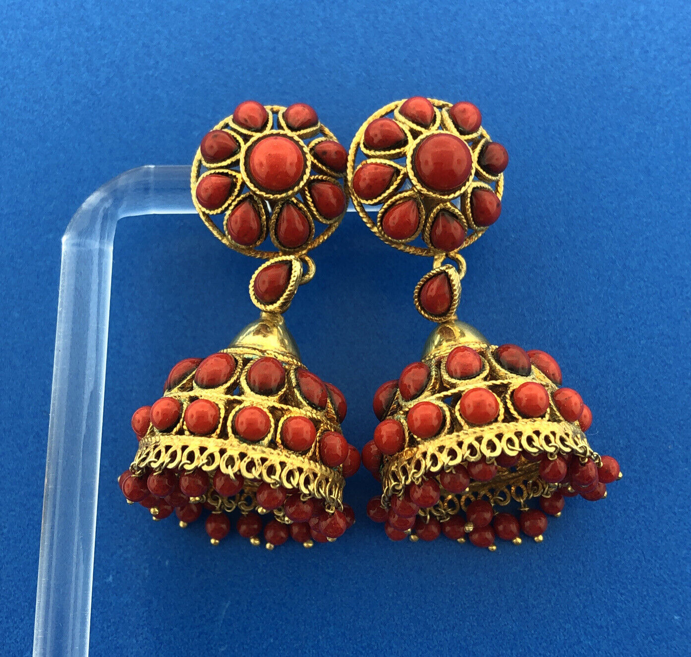 Lovely Vermeil Sterling Silver 925 Cabochon Coral Lampshade Dangle Stud Earrings