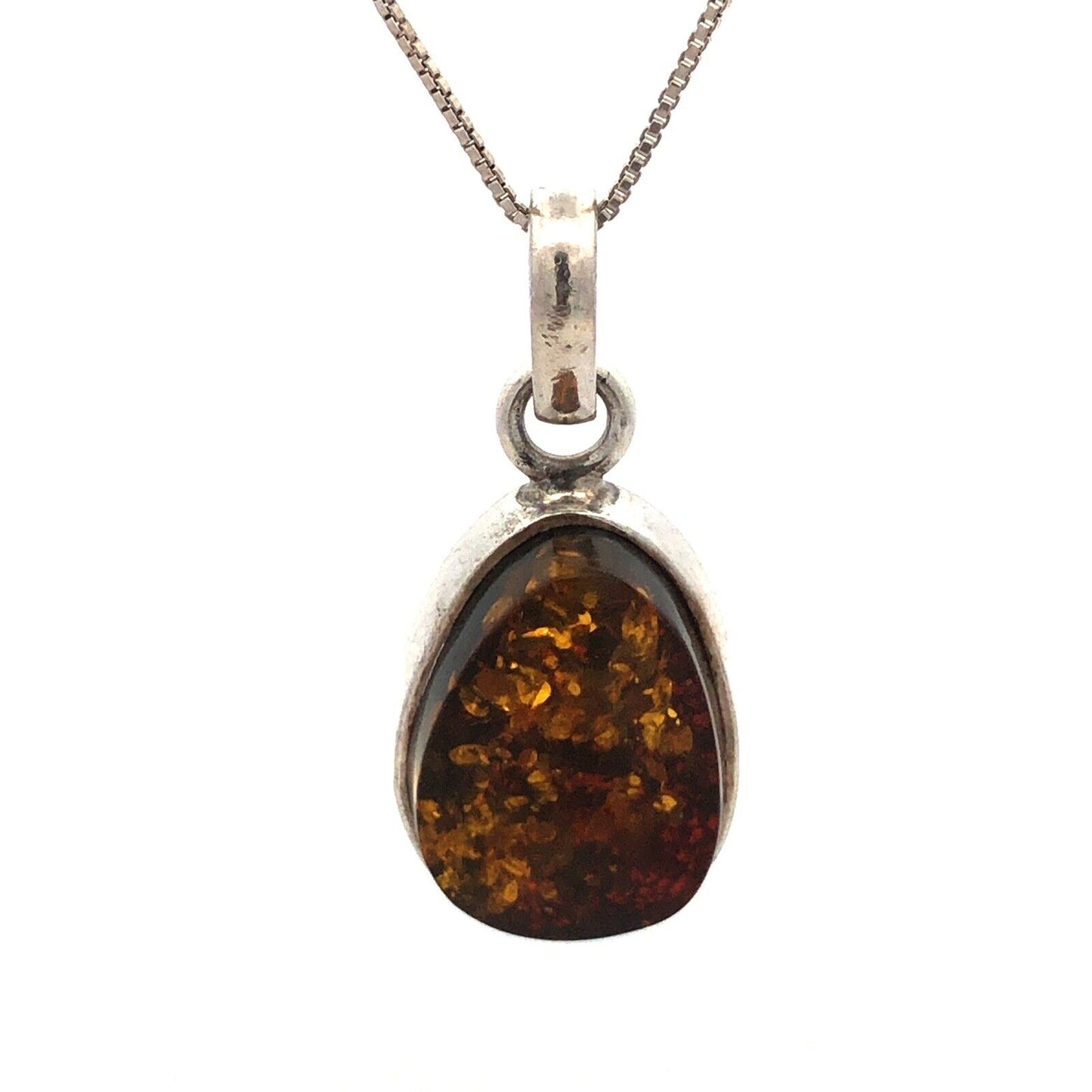 Vintage 925 Sterling Silver Oval Amber Pendant Chain Necklace