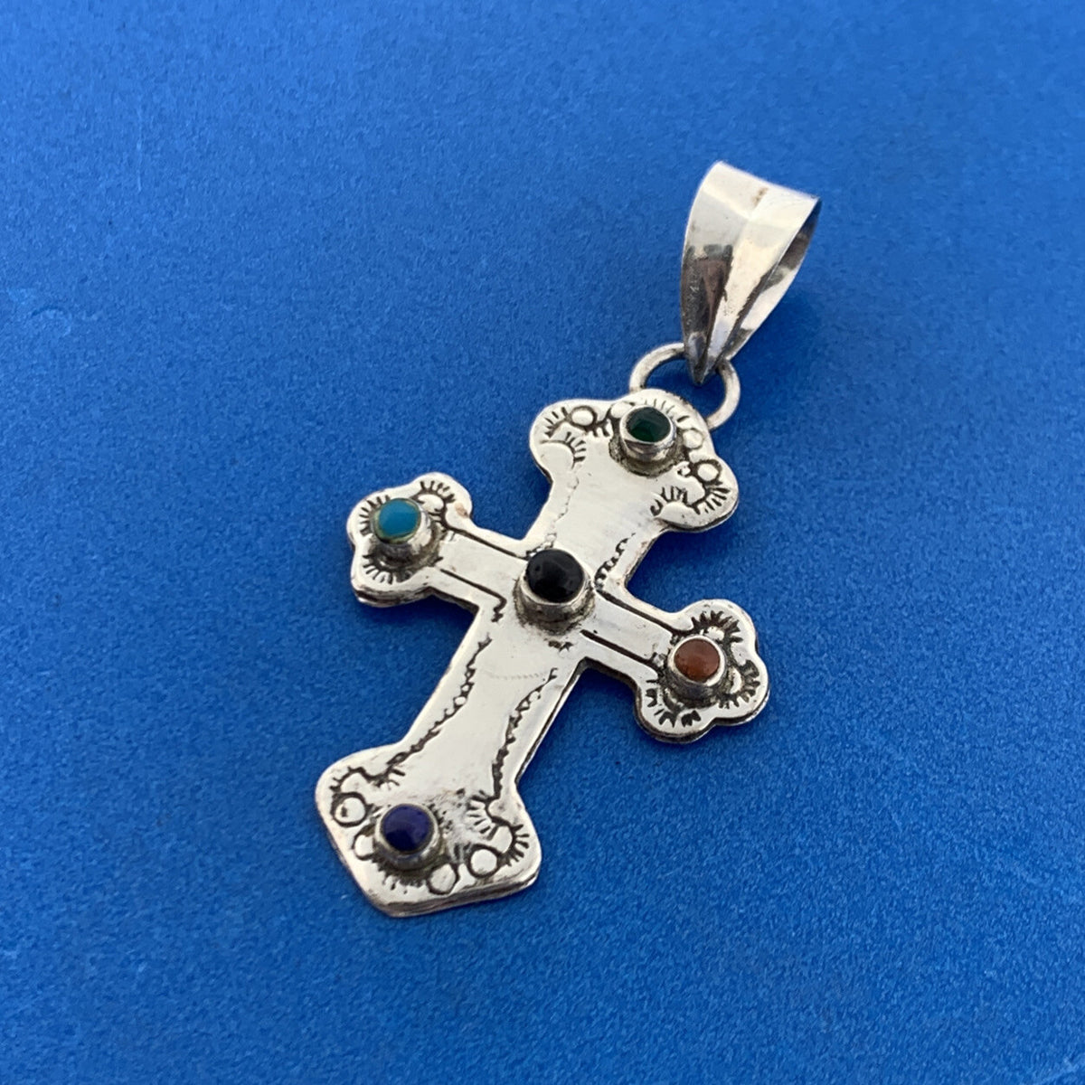 Native American 925 Sterling Silver Concho Style Mixed Gemstone Cross Pendant