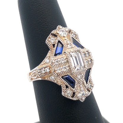 Art Deco Style 925 Sterling Silver Cubic Zirconia Blue Spinel Statement Ring