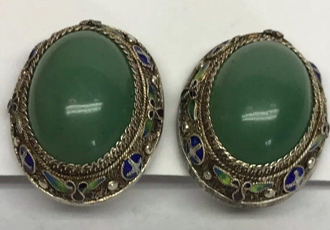 Vintage Artisan Sterling Silver Jade Cloisonne Filigree Statement Clip Earrings