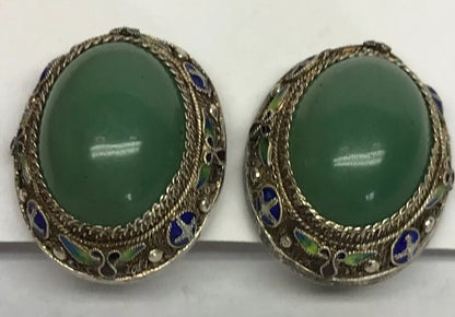 Vintage Artisan Sterling Silver Jade Cloisonne Filigree Statement Clip Earrings
