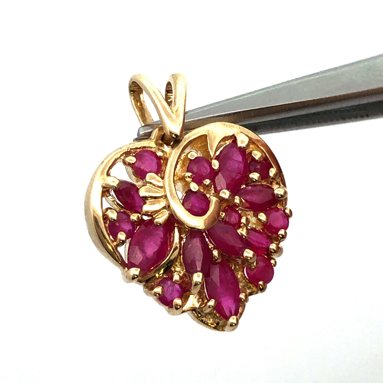 Vintage 10K Yellow Gold Marquise Round Ruby Cluster Heart Pendant