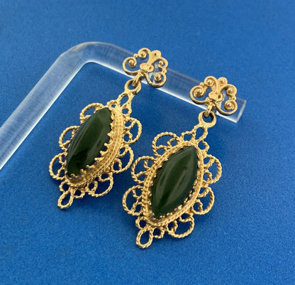 Vintage 14K Yellow Gold Marquis Jade Cabochon Filigree Dangle Drop Earrings