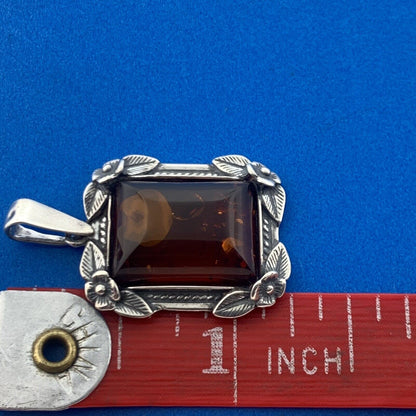Vintage Designer 925 Sterling Silver Amber Floral Design Rectangle Pendant