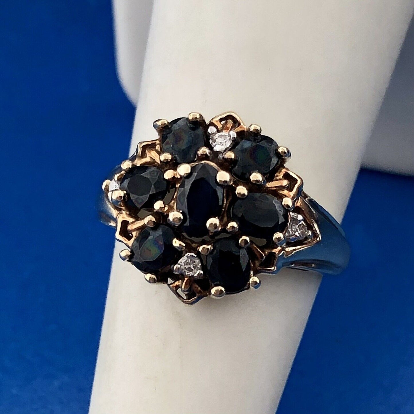 Retro 10K Yellow Sapphire Diamond Floral Cluster September Anniversary Ring