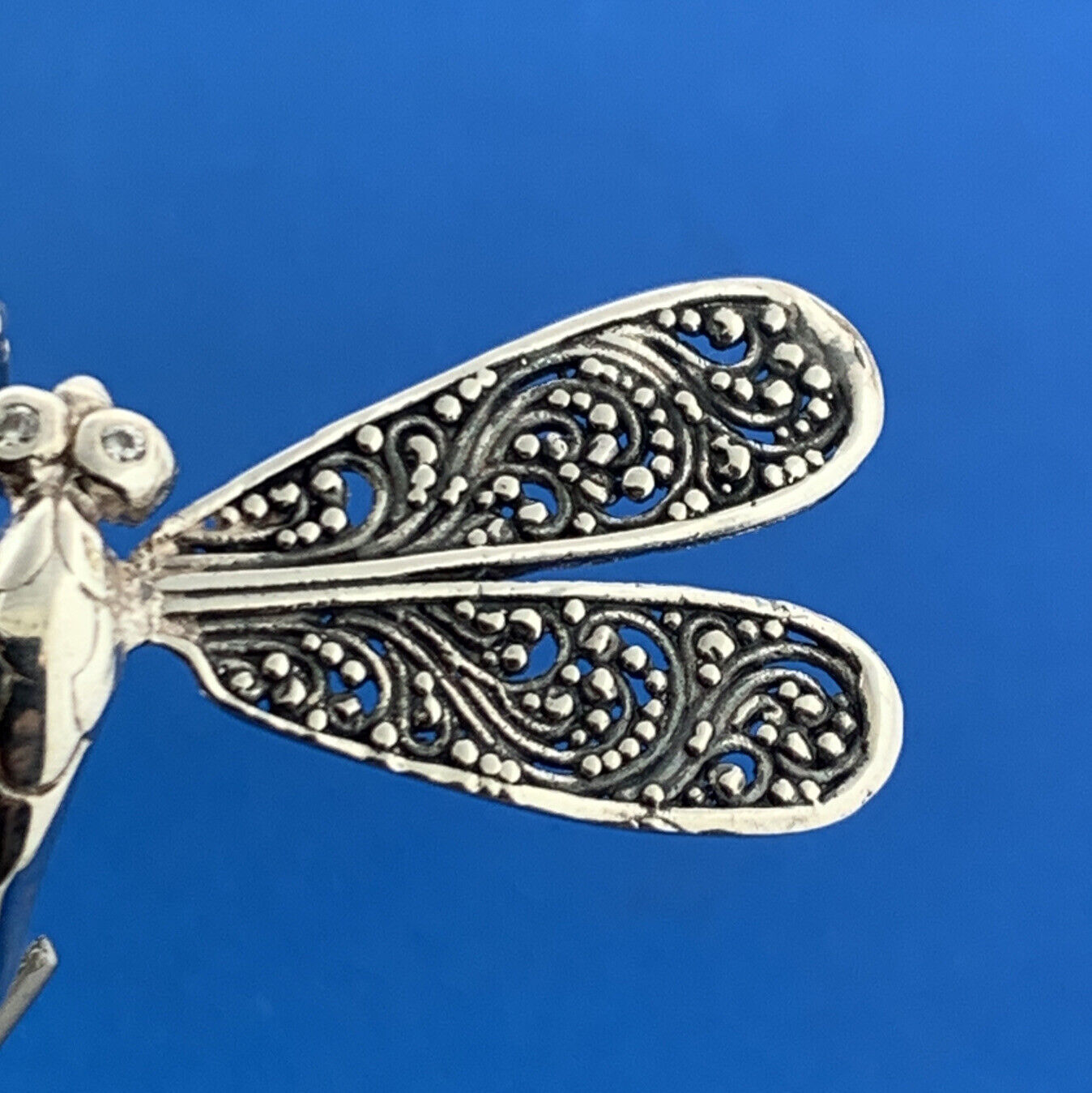 925 Sterling Silver Diamond Balinese Scroll Dragonfly Statement Ring