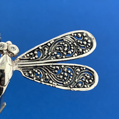 925 Sterling Silver Diamond Balinese Scroll Dragonfly Statement Ring
