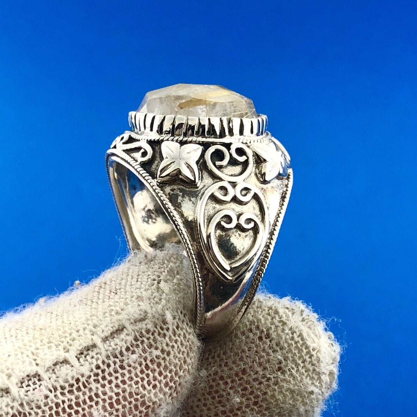 Lovely Sterling Silver 925 Floral Printed Reticulated Quartz Dome Ring Size 7