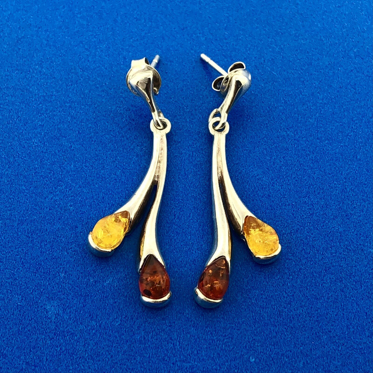 Stunning Sterling Silver 925 Teardrop Red Yellow Amber Dripping Dangle Earrings