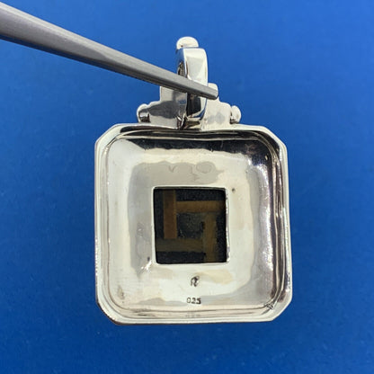 Designer 925 Sterling Silver Black Onyx Tiger Eye Inlay Square Statement Pendant