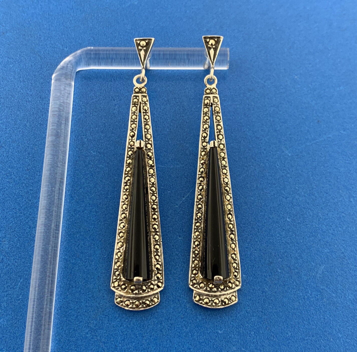 Lovely Sterling Silver 925 Cabochon Black Onyx Marcasite Accent Dangle Earrings