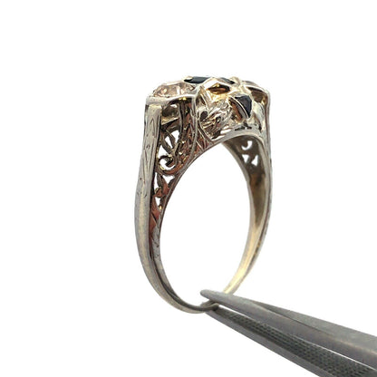 Vintage Platinum Oval Sapphire Round Diamond Trio Filigree Engagement Ring