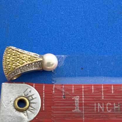 Designer 14K Yellow Gold Pearl Canary White Diamond Slide Pendant