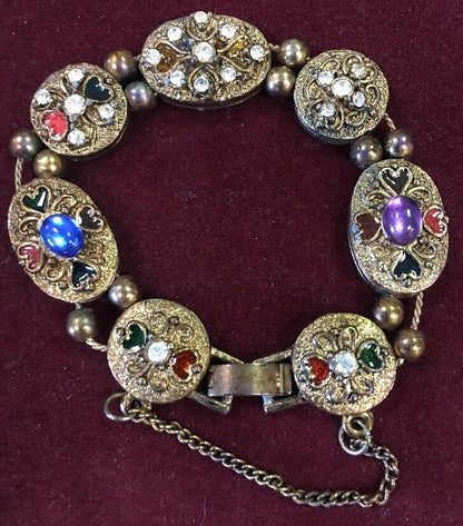 Vintage Fashion Gold Tone Multi Stone Hearts Statement Slide Charm Bracelet