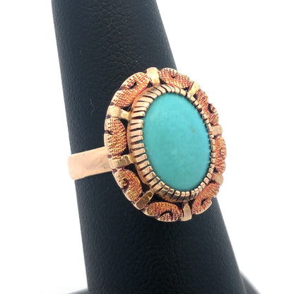 Retro 10K Yellow Rose Gold Oval Robins Egg Turquoise Statement Cocktail Ring