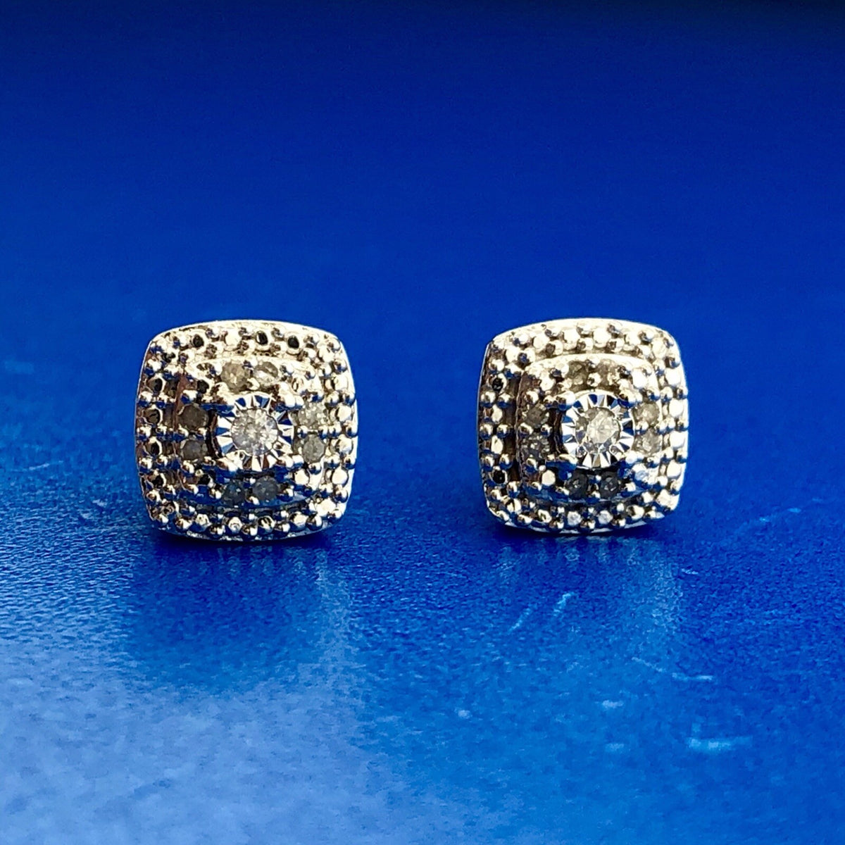 Elegant Sterling Silver 925 Diamond Three Tier Square Cluster Stud Earrings