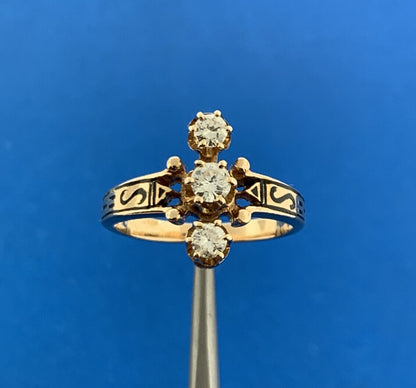 Art Deco Heirloom 14K Yellow Gold Diamond Trio Black Enamel Cocktail Ring