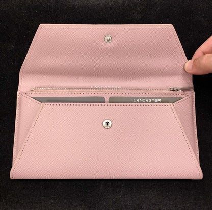 Lancaster Paris Taupe Purple Leather Large Flat Wallet NIB