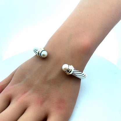 925 Sterling Silver David Yurman 14K Gold Pearl Classic Cable Cuff Bracelet