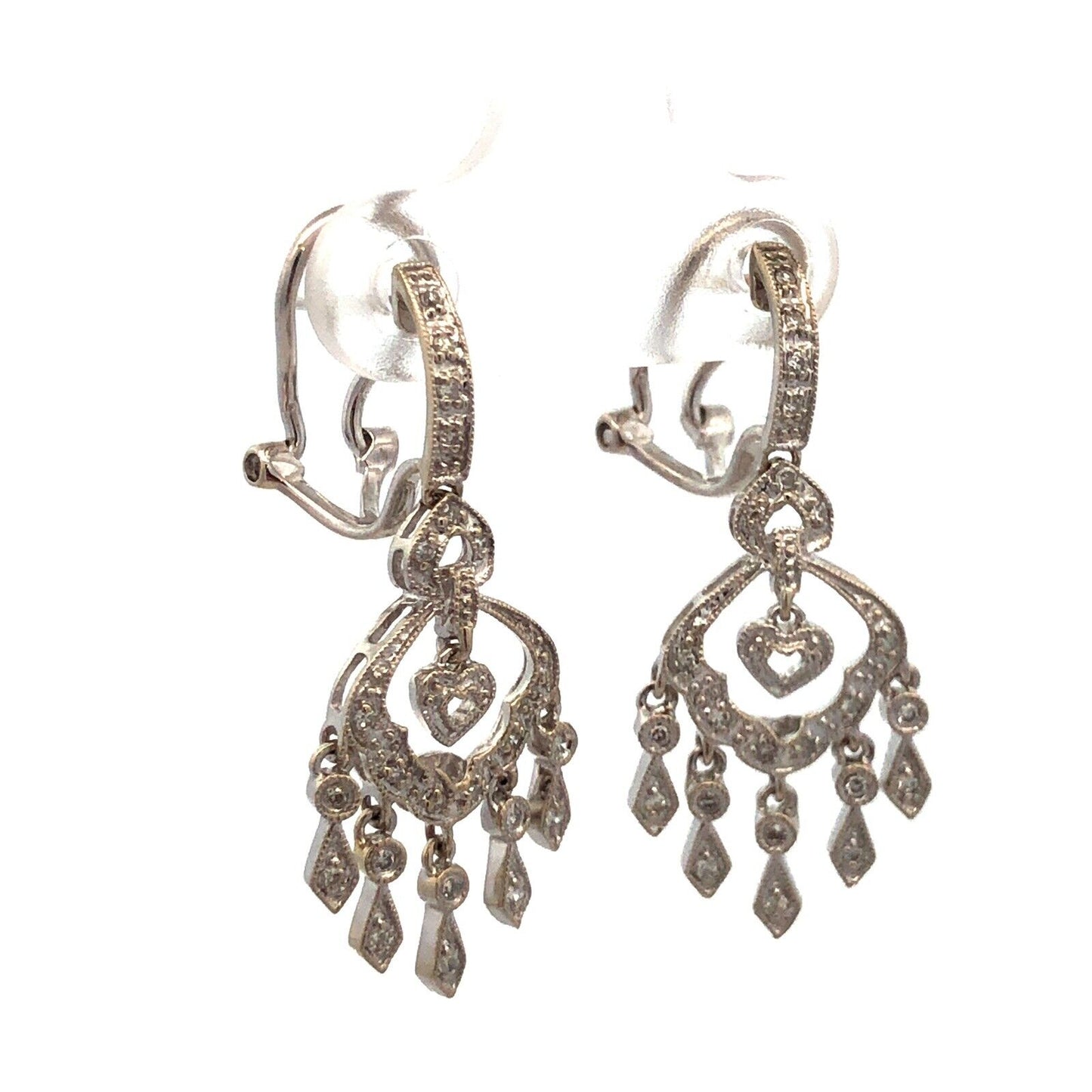 Designer ISP 14K White Gold Diamond Heart Dangle Chandelier Drop Stud Earrings