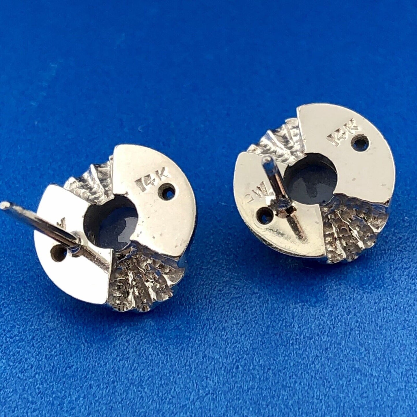 Mid Century 14K White Gold Blue Star Sapphire Diamond Textured Stud Earrings