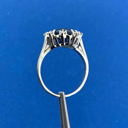 Designer 10K White Gold Blue Topaz Solitaire White Topaz Halo Anniversary Ring