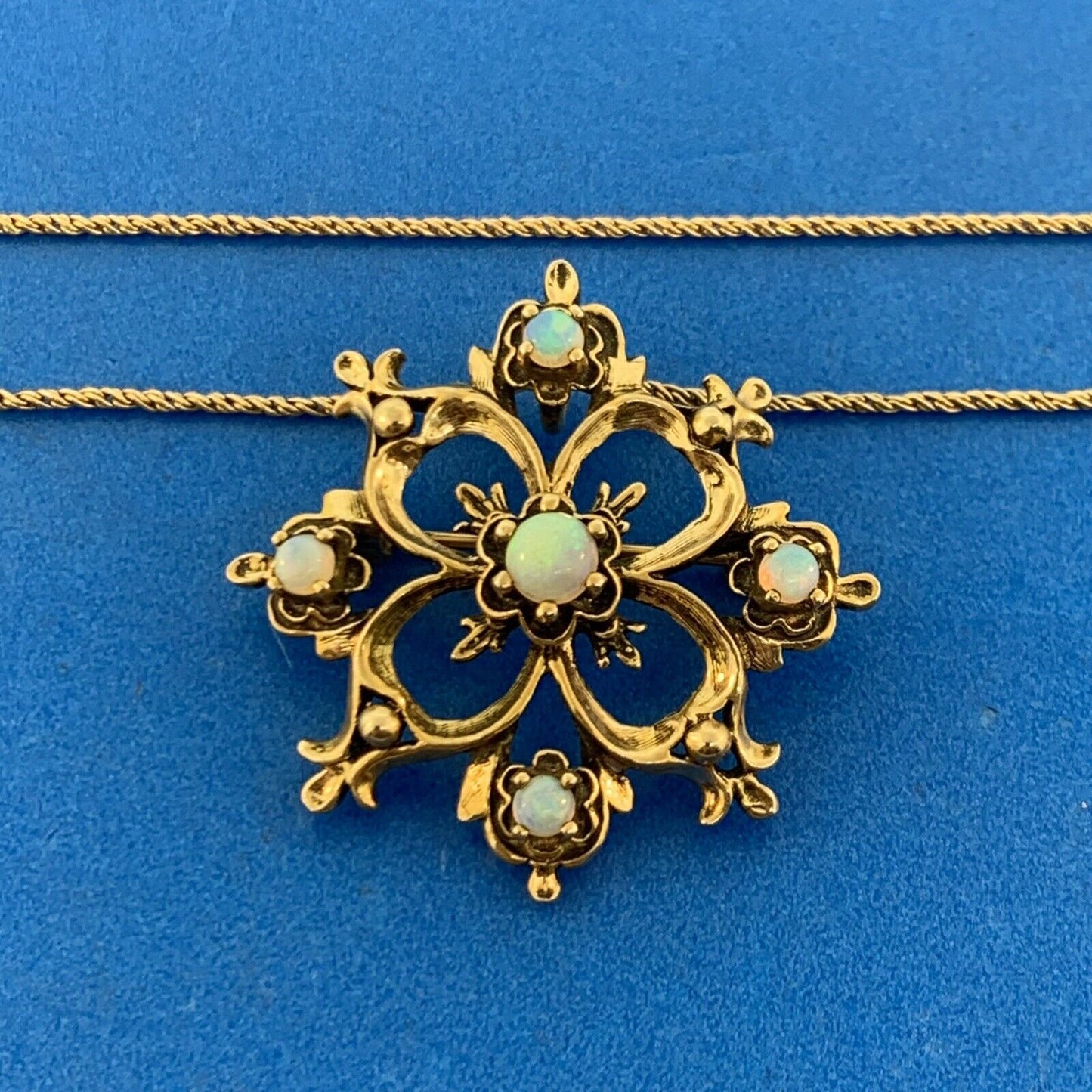 14K 18K Yellow Gold Opal Floral Starburst Vintage Pin Brooch Pendant Necklace