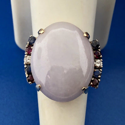 14K Yellow Gold Lavender Jade Diamond Ruby Sapphire Accented Statement Ring