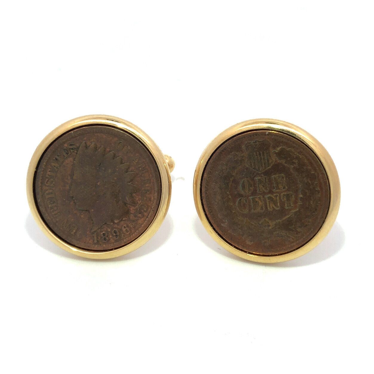 Retro Gold Tone Genuine Indian Head One Cent Penny Men's Round Tuxedo Cuff Links