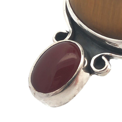 Vintage CII Mexico 925 Sterling Silver Oval Tigers Eye Red Carnelian Pendant
