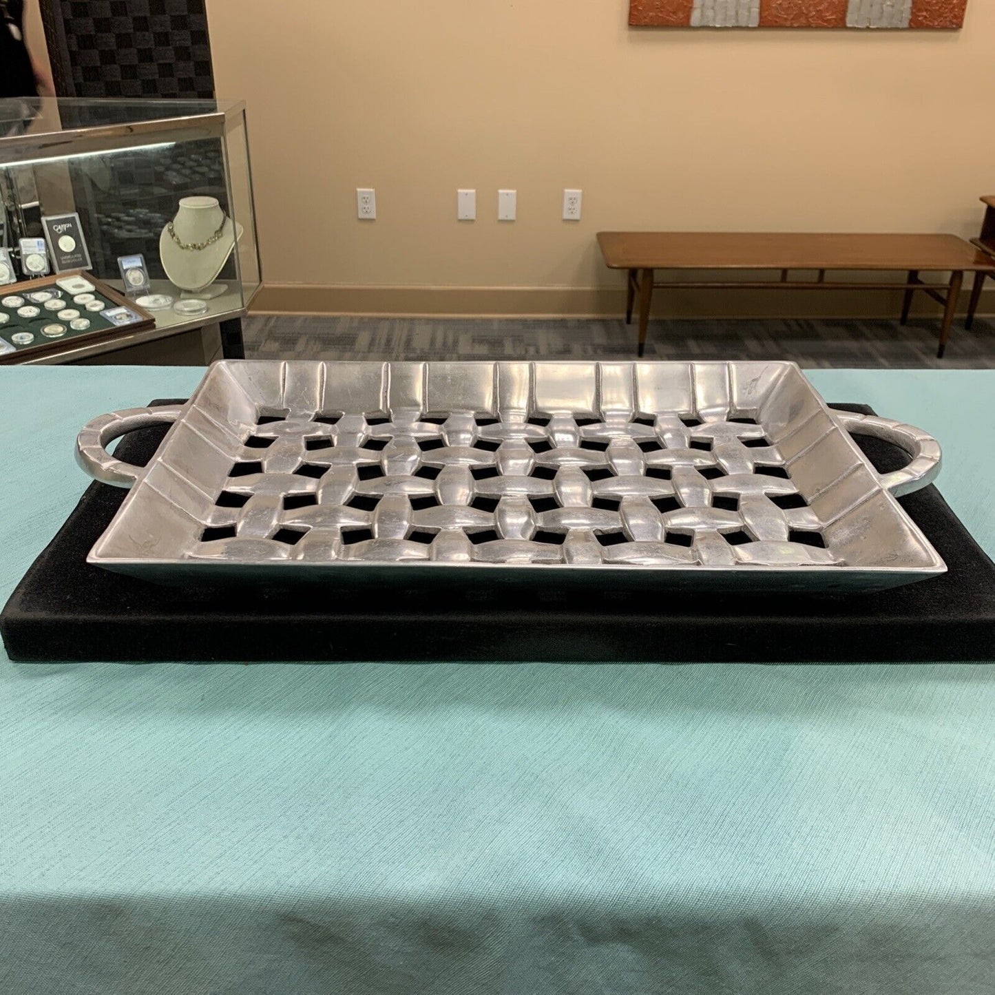 IHI India Aluminum High Polished Large Basket Weave Rectangle Serving Tray