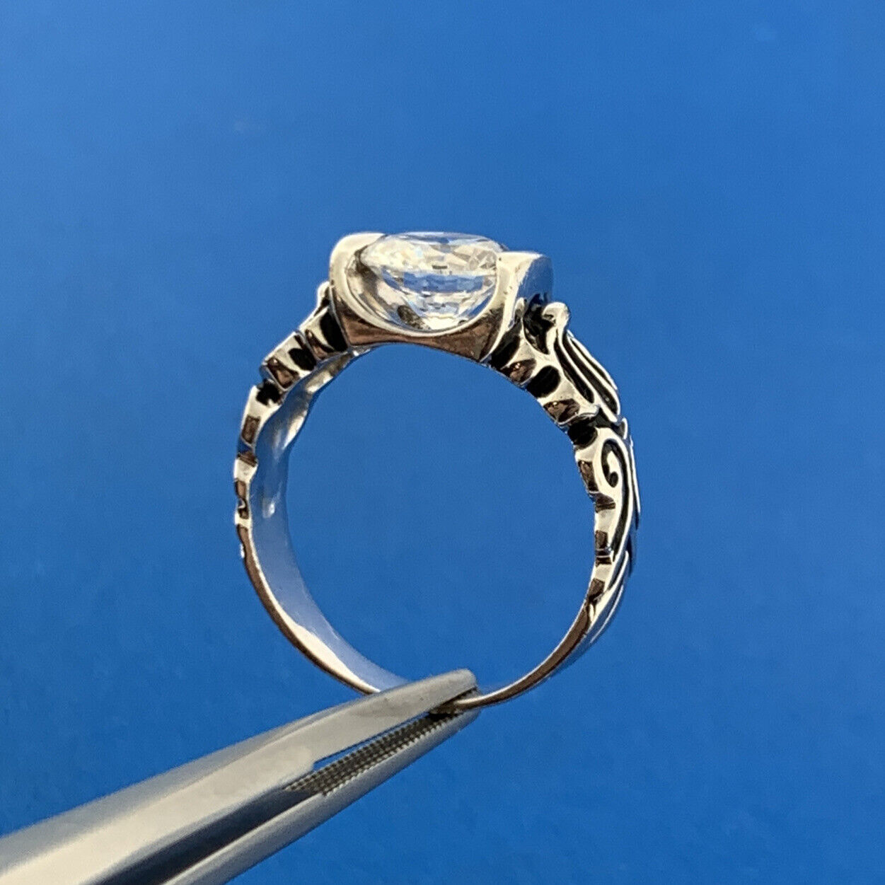 Designer 925 Sterling Silver White Amethyst Solitaire Floral Scroll Ring