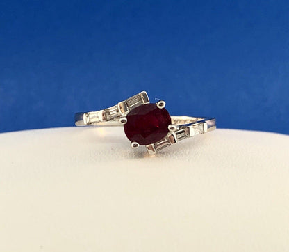 Estate Designer 14K White Gold Ruby Diamond July Anniversary Bypass Ring