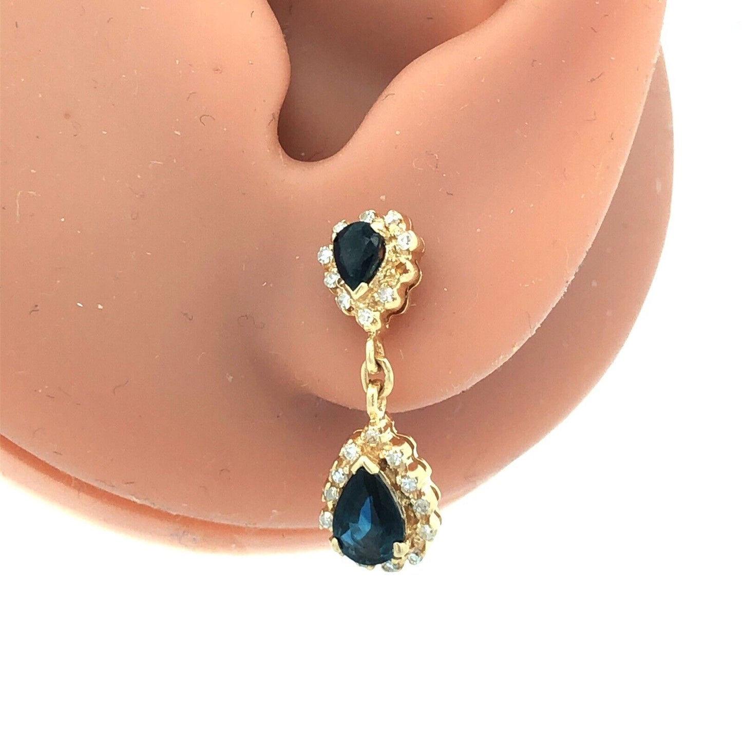 Designer 14K Yellow Gold Pear Sapphire Round Diamond Double Dangle Stud Earrings