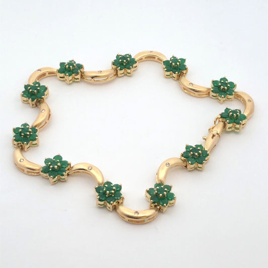 Designer 14K Yellow Gold Emerald Diamond Floral Station Bracelet