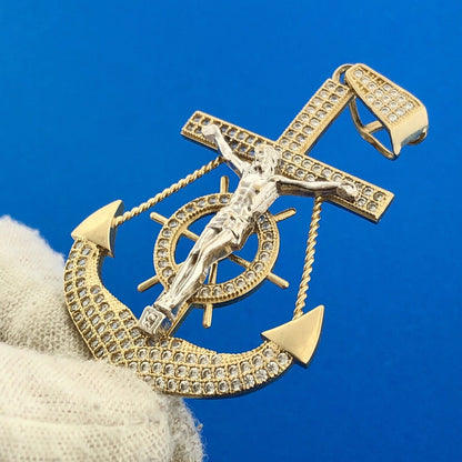 10K Yellow White Gold CZ Statement Sailors Cross Anchor Mariners Cross Pendant